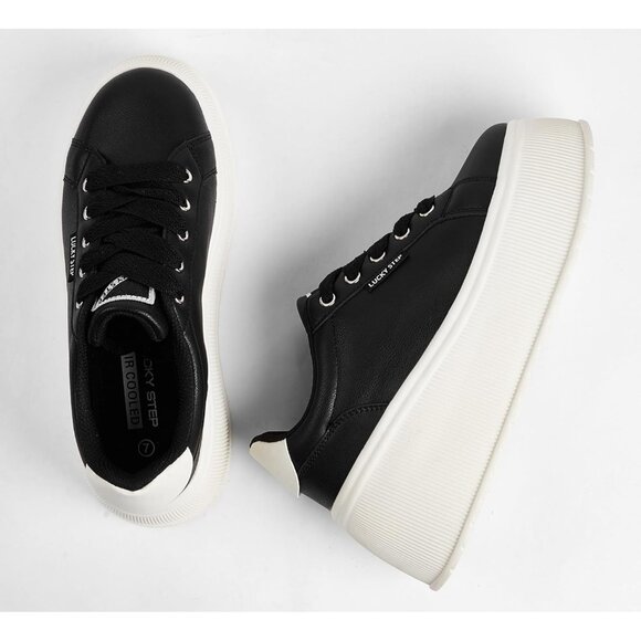 Lucky Step Women Black Platform Low Top Classic Wedge Retro Canvas Sneakers - Picture 6 of 9